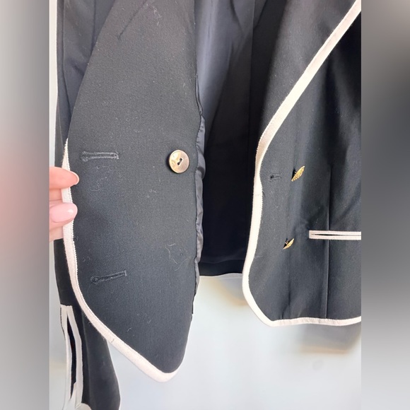 FRAME Contrast-Trim Double-Breasted Blazer Women 10 Black White Wool Sailor gold - Picture 11 of 16